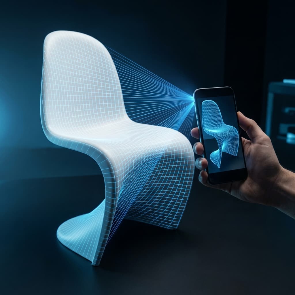 Phone scanning a chair with blue holographic rays